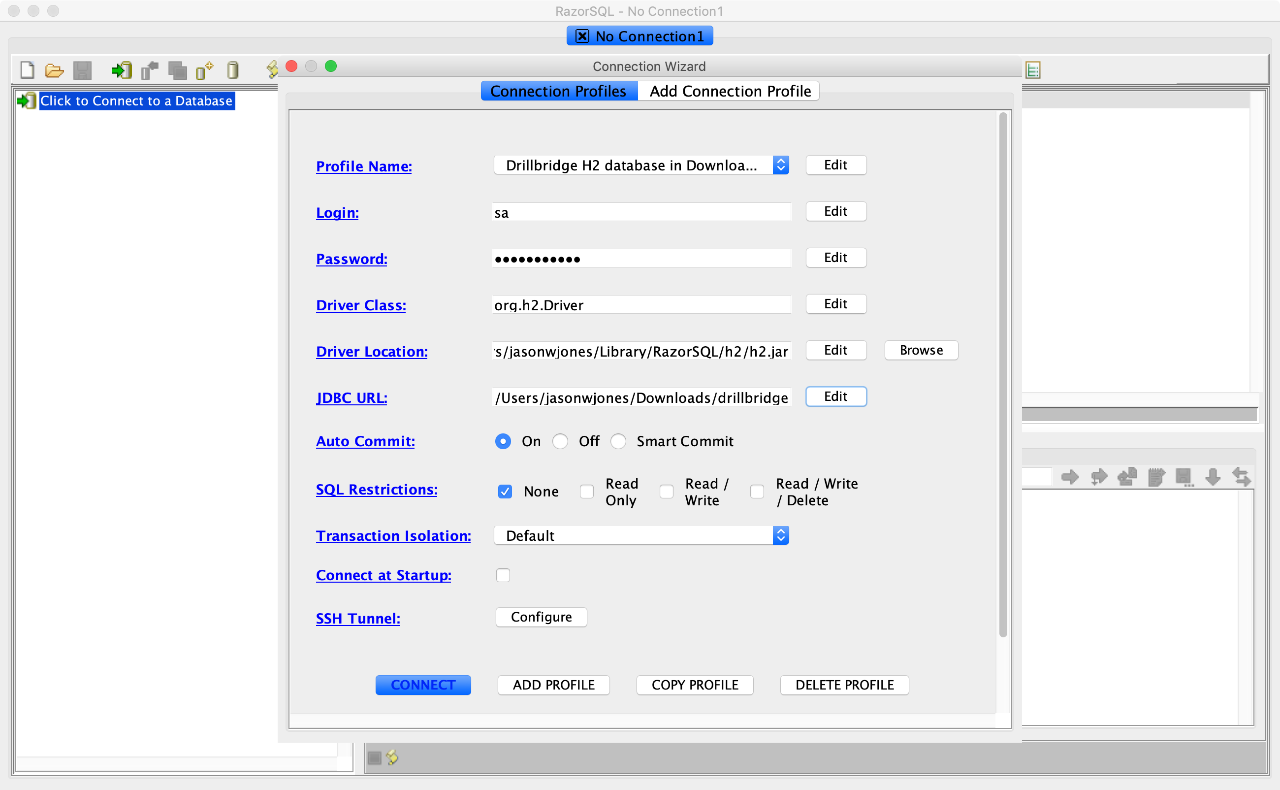 drillbridge configure h2 connection